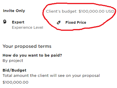 An invite-only job post with a budget of 100K USD on Upwork