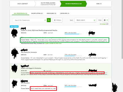 Good and bad cover letters on Upwork's list of bids