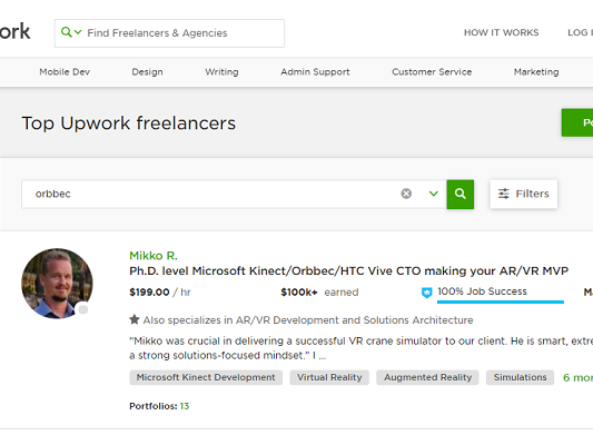 Dr. Mike's profile as the first hit on Upwork with a search string 'Orbbec'